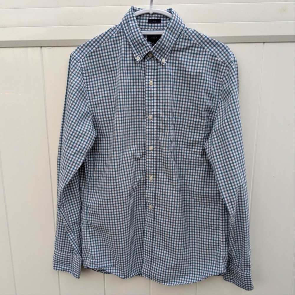 J. Crew Mens Slim Fit Button Down Collar Blue White Checkered Sz Medium Work EUC